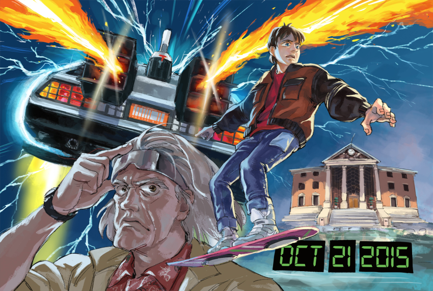 2015, 2boys, back_to_the_future, blue_eyes, brown_hair, building, dated, delorean, denim, electricity, emmett_brown, fire, flying_car, grey_hair, highres, hoverboard, jacket, jeans, looking_at_viewer, marty_mcfly, mujun_kamen, multiple_boys, outdoors, pants, school
