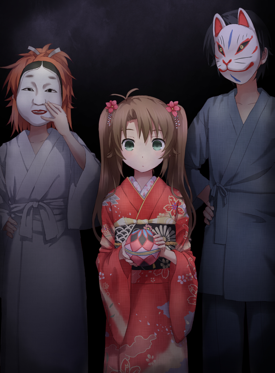 1boy, 2girls, antenna_hair, bad_id, bad_pixiv_id, black_hair, brown_hair, flower