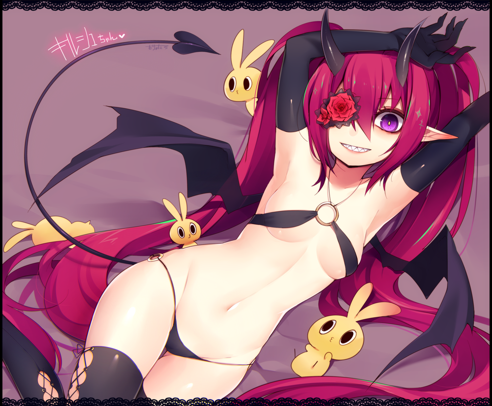1girl, agi_(neckless), armpits, arms_up, bad_id, bad_pixiv_id, bikini, black_bikini, black_gloves, black_thighhighs, blush, breasts, demon_girl, demon_tail, demon_wings, female_focus, flower, flower_eyepatch, flower_over_eye, gloves, grin, groin, horns, long_hair, looking_at_viewer, muryotaro, navel, o-ring, o-ring_bikini, oni_horns, phantasy_star, phantasy_star_online_2, pointy_ears, purple_eyes, red_hair, sharp_teeth, small_breasts, smile, solo, swimsuit, tail, teeth, thighhighs, twintails, very_long_hair, wings