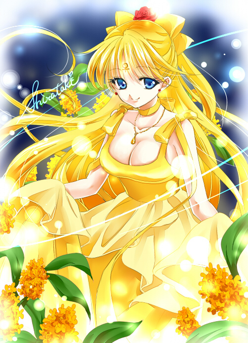 1girl, aino_minako, bare_shoulders, bishoujo_senshi_sailor_moon, blonde_hair, blue_eyes, bow, breasts