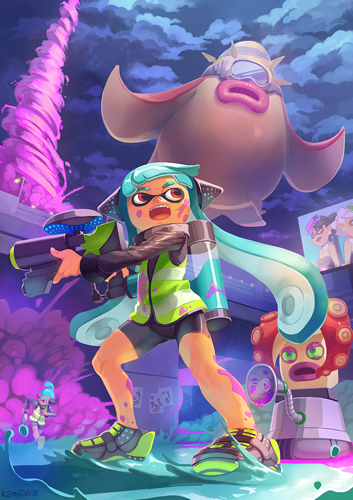 1boy, 3girls, agent_3_(splatoon), bike_shorts, billboard, callie_(splatoon), callie_(squid_sisters_outfit)_(splatoon), goggles