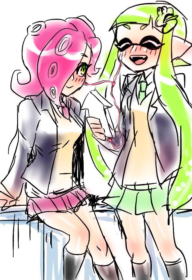 2girls, adachi_(nogami_nono), blazer, blush, cardigan, coalow, mp3_player, earphones