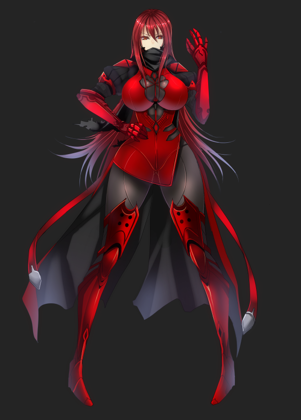 1girl, black_background, boots, breasts, covered_mouth, female_focus, gauntlets, hand_on_own_hip