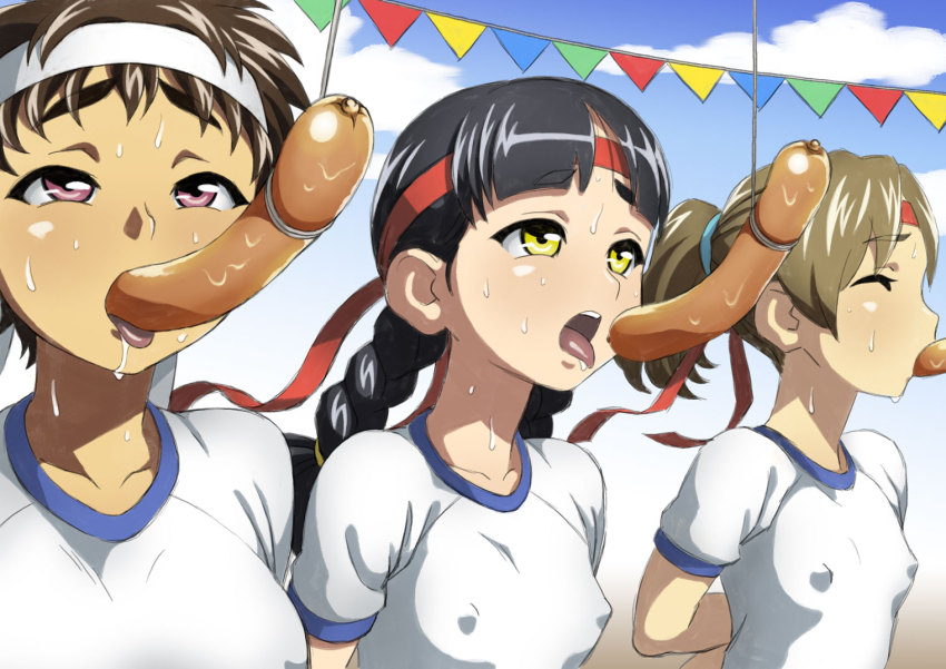 3girls, arms_behind_back, black_hair, braid, breasts, brown_hair, cloud, covered_erect_nipples, day, eating, eating_contest, closed_eyes, food, gym_uniform, ha_ku_ronofu_jin, hairband, headband, high_ponytail, long_hair, multiple_girls, open_mouth, original, outdoors, ponytail, purple_eyes, saliva, sausage, sexually_suggestive, short_hair, short_sleeves, sky, small_breasts, sports_festival, sportswear, sweat, tongue, tongue_out, twin_braids, upper_body, yellow_eyes