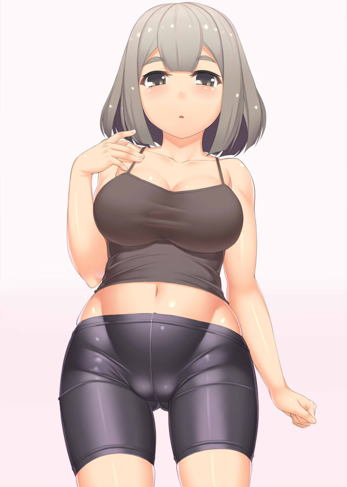 1girl, bare_shoulders, bike_shorts, blush, breasts, brown_eyes, brown_hair, cameltoe