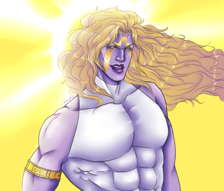 1boy, abs, armband, artist_name, blonde_hair, colored_skin, dio_brando, facial_mark, heaven_ascended_dio, heavenly_dio, jojo_no_kimyou_na_bouken, jojo_no_kimyou_na_bouken:_eyes_of_heaven, kakyelling, long_hair, male_focus, muscular, purple_skin, signature, solo, turtleneck, upper_body, yellow_background, yellow_eyes