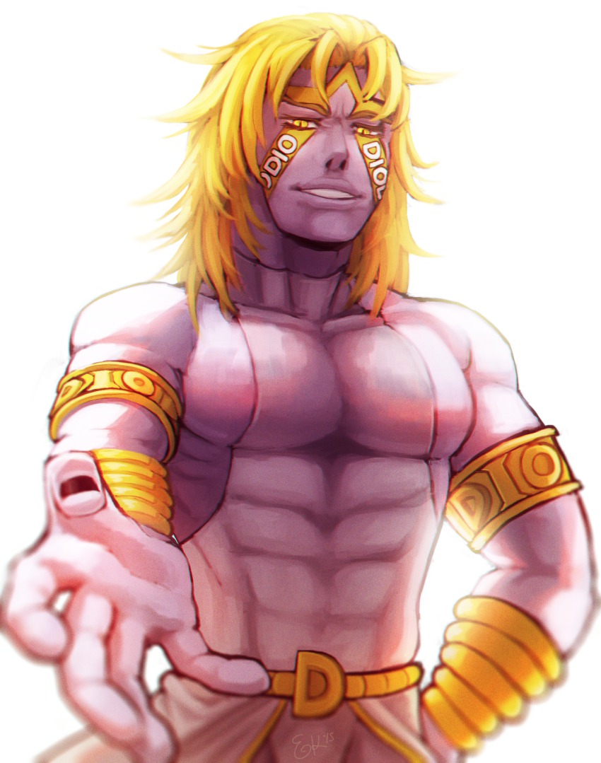 1boy, abs, armband, black_nails, blonde_hair, blurry, colored_skin, dio_brando