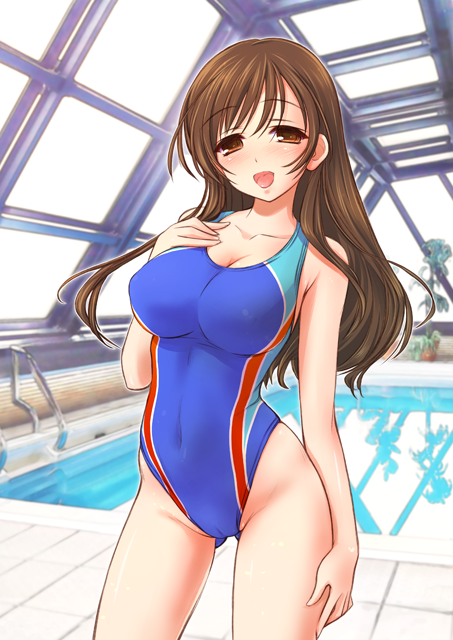 10s, 1girl, blush, breasts, brown_eyes, brown_hair, cleavage, competition_swimsuit