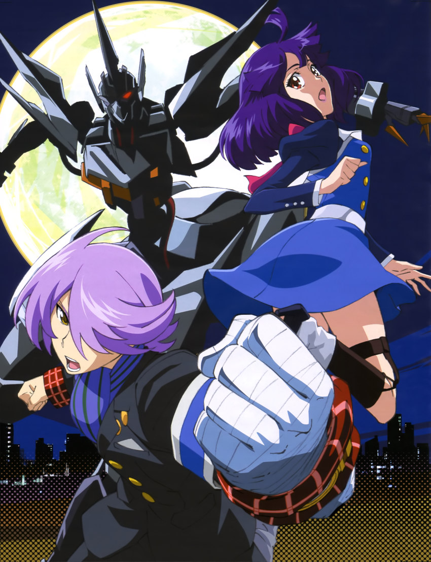 10s, 1boy, 1girl, absurdres, bandages, blue_hair, concrete_revolutio, equus