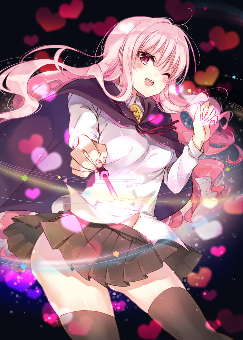 1girl, ;d, absurdres, brown_skirt, brown_thighhighs, cape, cosplay, female_focus