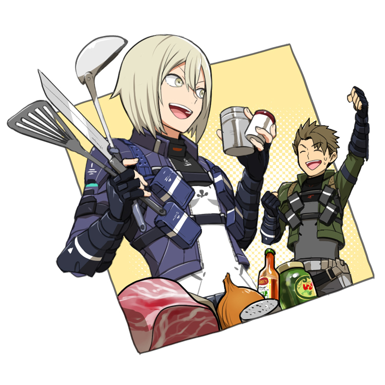 1boy, 1girl, armor, blonde_hair, breasts, closed_eyes, gwin_evans, irina_akulov, mikami, nintendo, open_mouth, short_hair, smile, xenoblade_chronicles_(series), xenoblade_chronicles_x