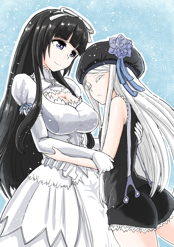 10s, 2girls, aoki_hagane_no_arpeggio, black_eyes, black_hair, breasts, cleavage, cleavage_cutout