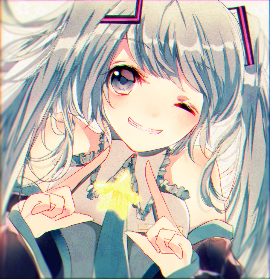 1girl, aqua_eyes, aqua_hair, blush, detached_sleeves, female_focus, grin, hatou_midori