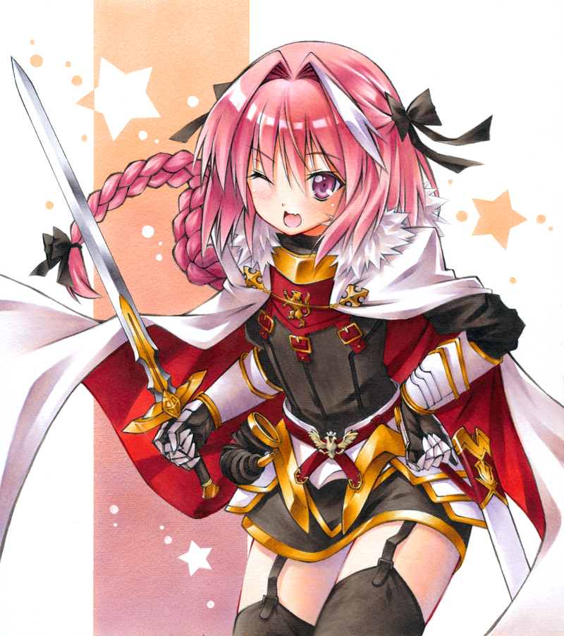 1boy, ;d, astolfo_(fate), astolfo_(rider)_(fate), black_thighhighs, bow, braid, cape, fang, fate/apocrypha, fate_(series), garter_straps, gauntlets, hair_bow, hand_on_own_hip, male_focus, one_eye_closed, open_mouth, pink_eyes, pink_hair, single_braid, smile, solo, star_(symbol), sword, thighhighs, trap, weapon, yuto_cafe