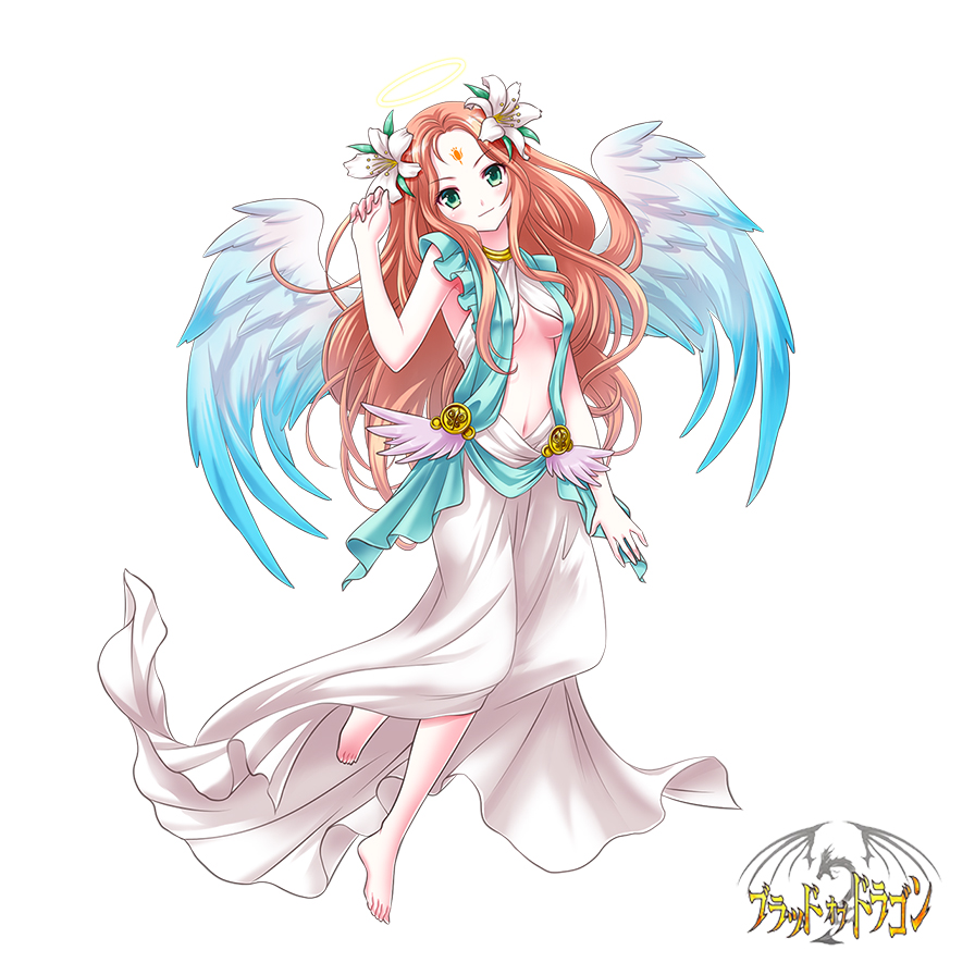 1girl, angel, angel_wings, barefoot, dress, facial_mark, fantasy, female_focus