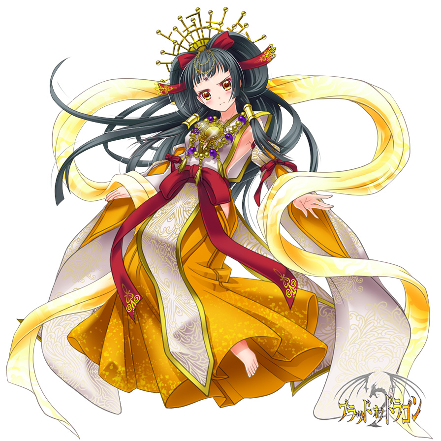 1girl, :<, amaterasu_(mythology), angry, barefoot, blood_of_dragon, blush, circlet, detached_sleeves, female_focus, forehead_jewel, hakama, hakama_skirt, headdress, japanese_clothes, jewelry, long_hair, miko, musora, necklace, obi, official_art, original, robe, sash, skirt, solo, yellow_eyes