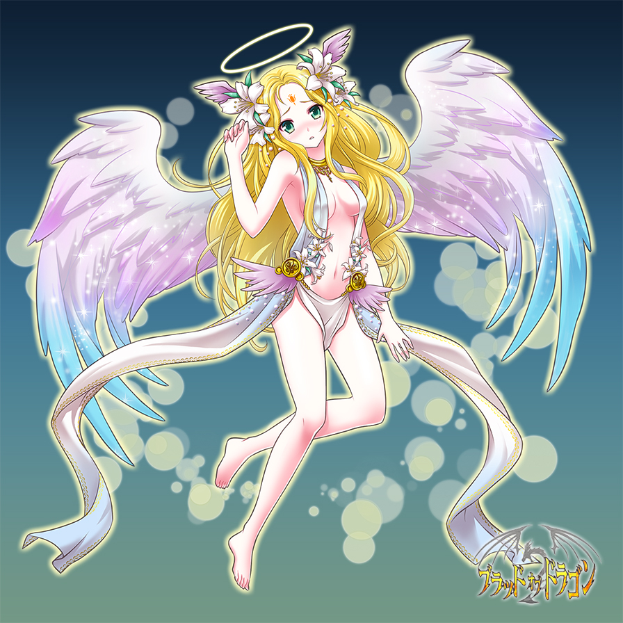 1girl, angel, angel_wings, bare_legs, barefoot, bikini, blonde_hair, blush