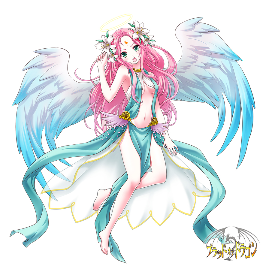 1girl, angel, angel_wings, bare_legs, barefoot, dress, facial_mark, fantasy, female_focus, floating, flower, forehead_mark, hair_flower, hair_ornament, halo, long_hair, musora, official_art, original, pink_hair, solo, wings