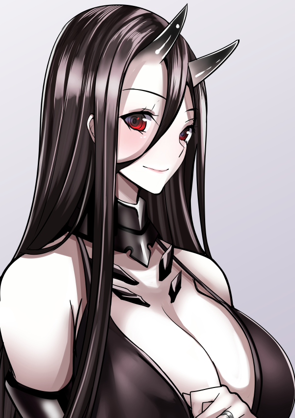 10s, 1girl, abyssal_ship, battleship_princess, black_dress, black_hair, blush, breasts