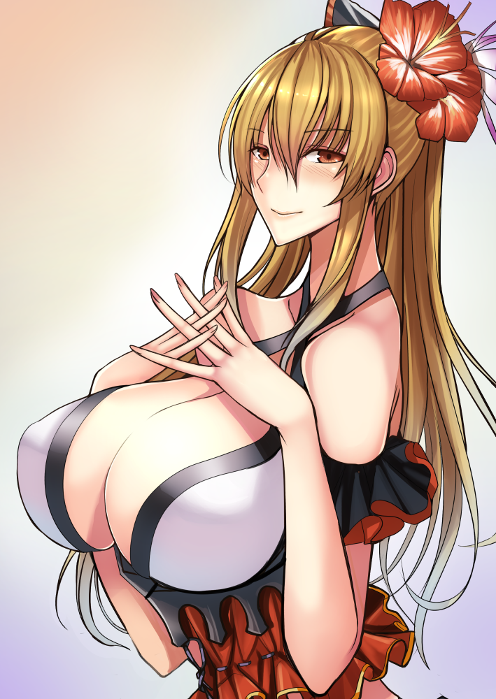 10s, 1girl, bare_shoulders, blonde_hair, blush, bow, breast_suppress, breasts