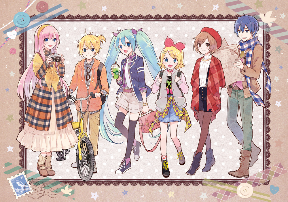 2boys, 4girls, aqua_eyes, aqua_hair, backpack, bag, belt, beret