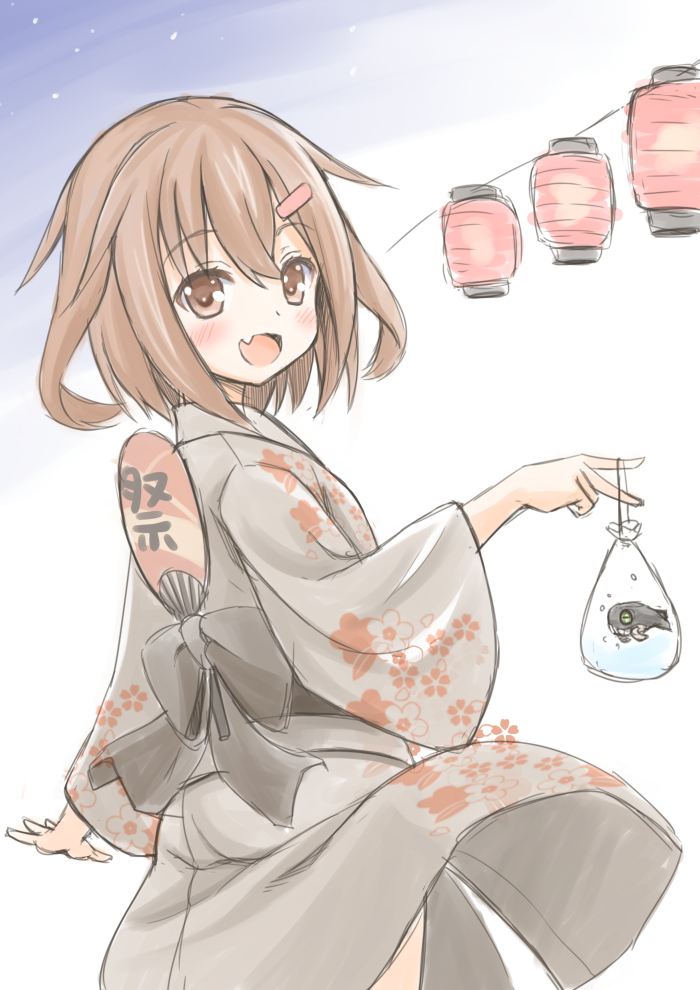 10s, 1girl, bag, bagged_fish, brown_eyes, brown_hair, commentary_request, fang