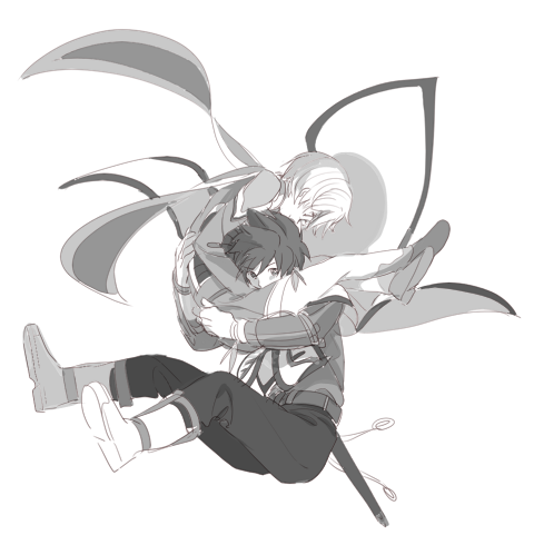 10s, 2boys, closed_eyes, falling, greyscale, holding, lowres, male_focus