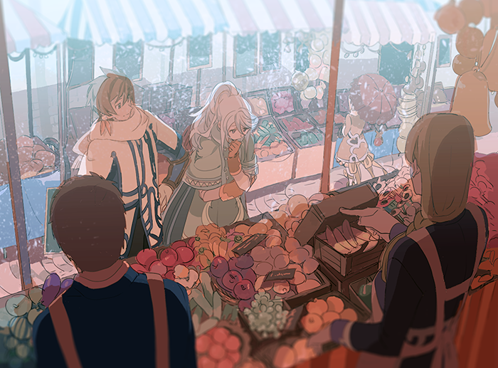 10s, edna_(tales), market, meshi_yori_yado, mikleo_(tales), normin_(tales), ponytail, scarf