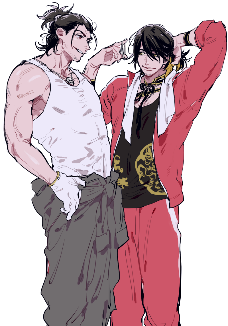 10s, 2boys, adjusting_hair, alternate_costume, clothes_around_waist, facial_hair, gloves, hands_on_own_hips