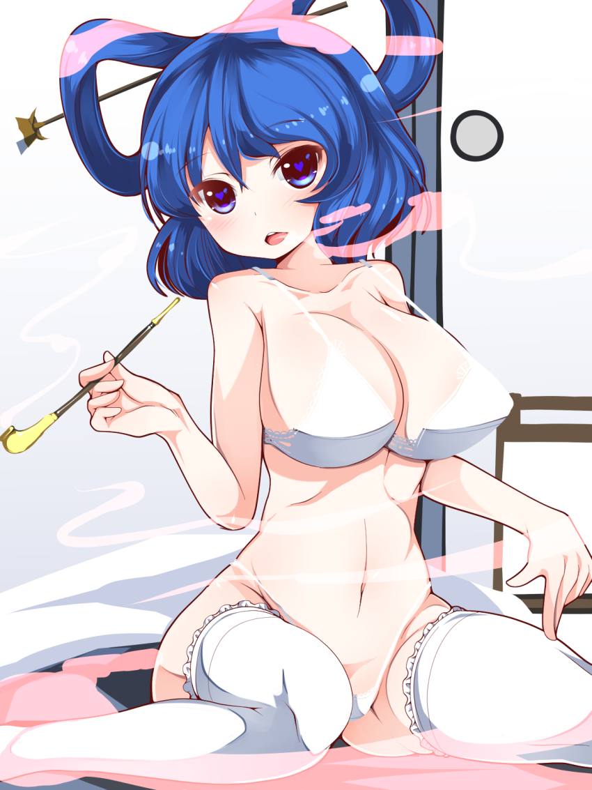 1girl, blue_eyes, blue_hair, blush, bra, breasts, doku_corne, female_focus, hair_ornament, hair_rings, hair_stick, heart, heart-shaped_pupils, highres, kaku_seiga, kiseru, large_breasts, lingerie, looking_at_viewer, matching_hair/eyes, midriff, navel, open_mouth, short_hair, sitting, smile, smoke, smoking, smoking_pipe, solo, symbol-shaped_pupils, thighhighs, thong, touhou, underwear, white_thighhighs