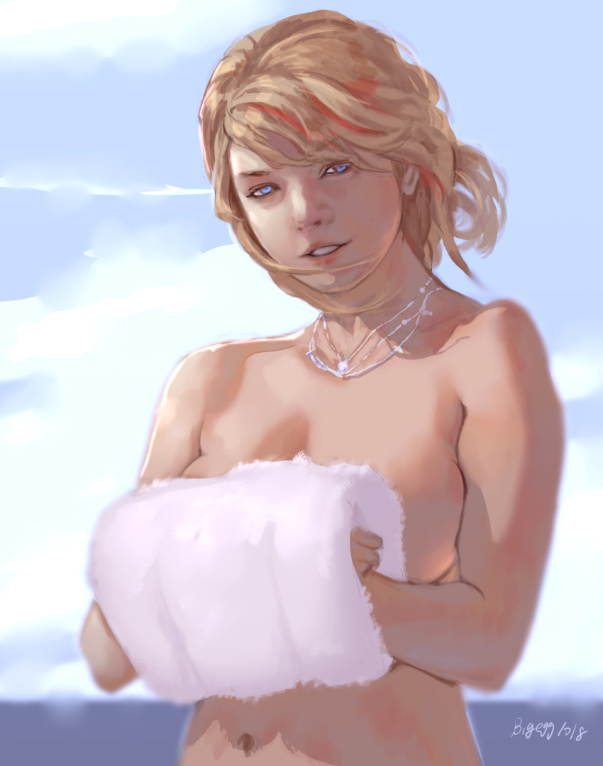 1girl, artist_name, bigegg, blonde_hair, blue_eyes, breasts, cleavage, cloud