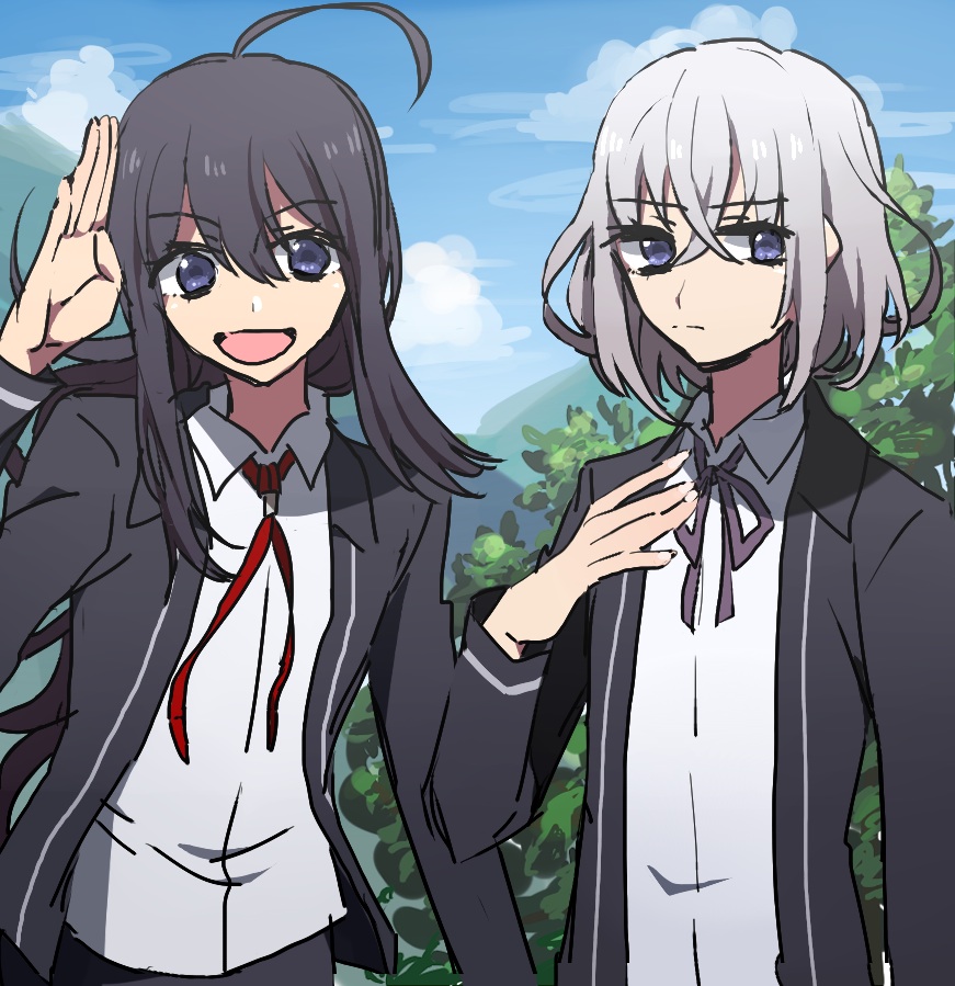 10s, 2boys, :d, ahoge, black_hair, hand_on_own_chest, honebami_toushirou, male_focus