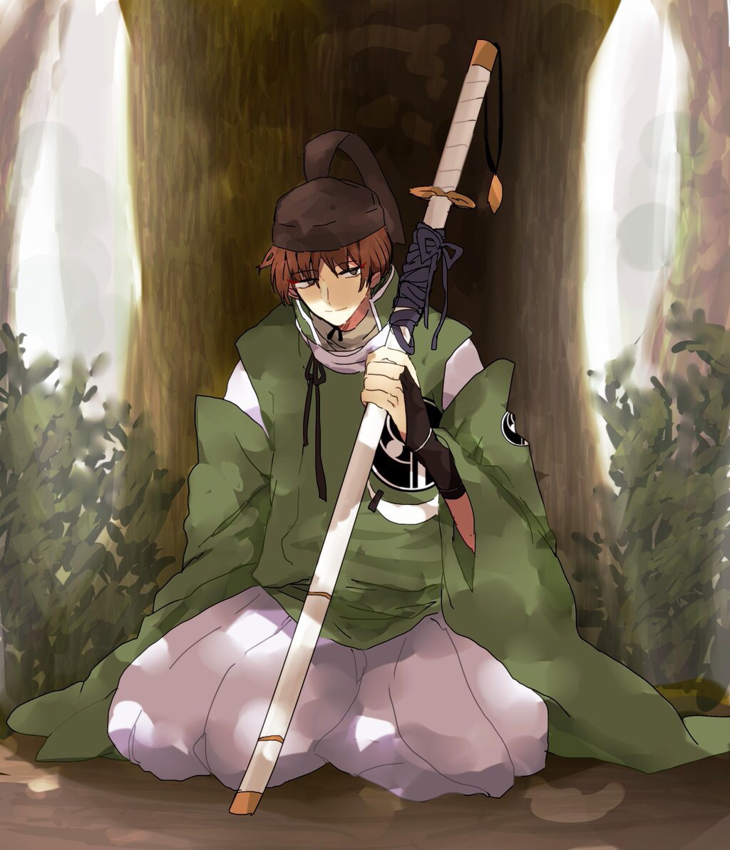 10s, 1boy, bridal_gauntlets, brown_hair, forest, full_body, grey_eyes, hat