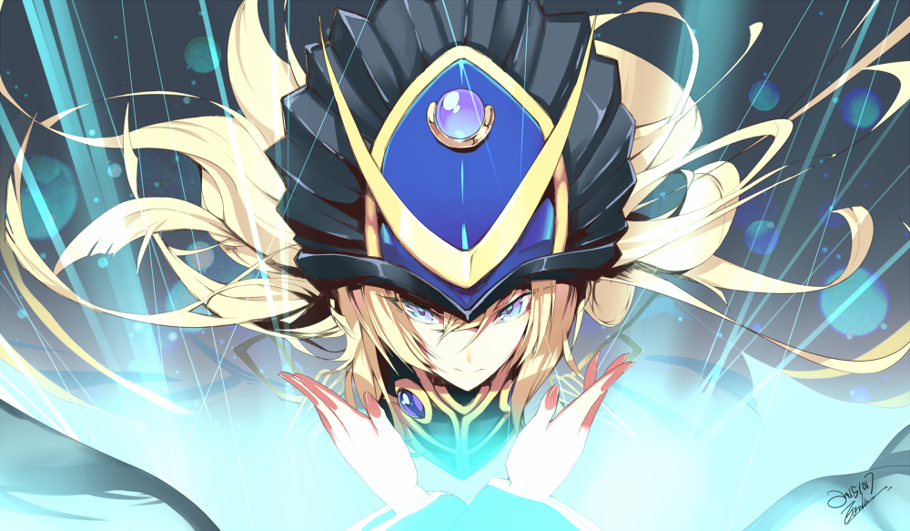 1girl, black_dress, blonde_hair, blue_eyes, crossed_arms, dark_doriado, dated, dress, duel_monster, e_volution, female_focus, hair_between_eyes, hat, long_hair, looking_at_viewer, signature, solo, yu-gi-oh!