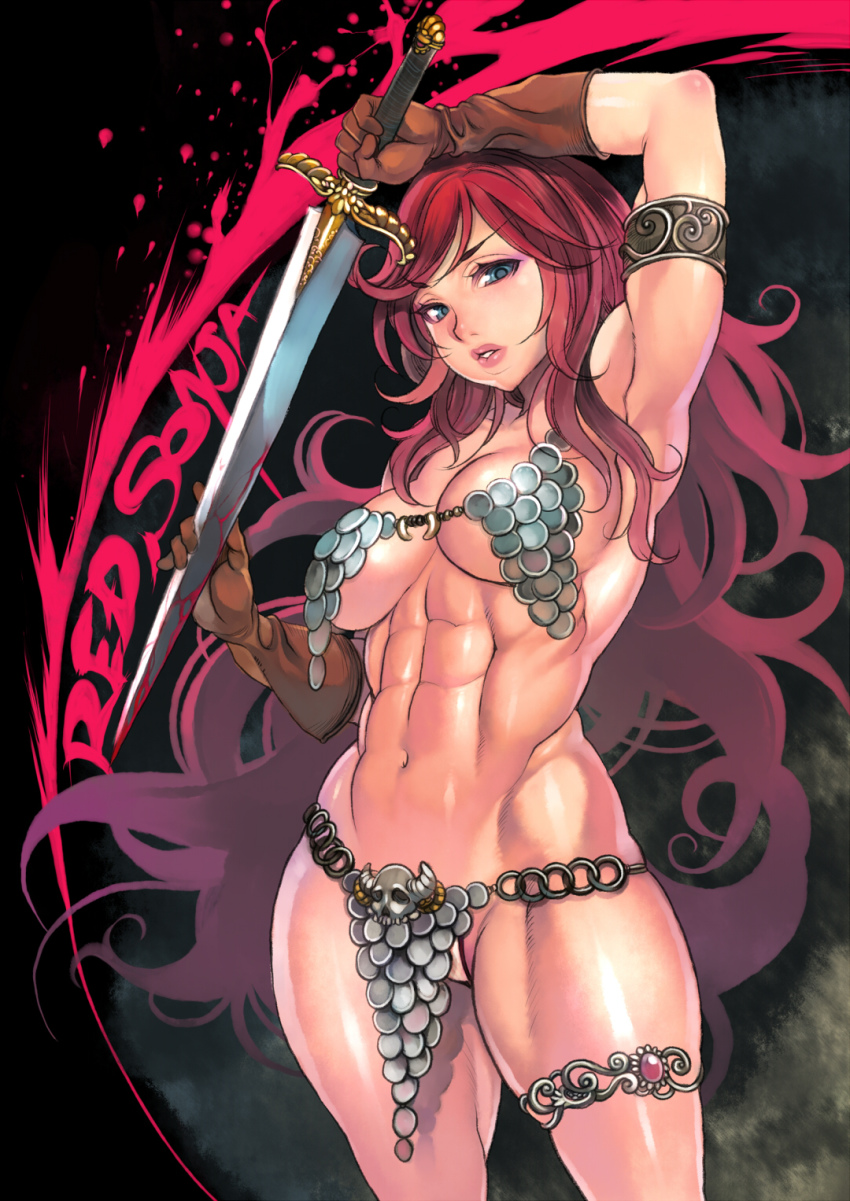 1girl, abs, armlet, armor, armpits, bikini_armor, blood, blood_splatter, bloody_weapon, blue_eyes, breasts, brown_gloves, character_name, cowboy_shot, elbow_gloves, eyeshadow, f.s., female_focus, floating_hair, gloves, groin, highres, holding, holding_sword, holding_weapon, jewelry, lips, long_hair, looking_at_viewer, makeup, midriff, muscular, muscular_female, navel, o-ring, o-ring_bottom, parted_lips, pelvic_curtain, red_hair, red_sonja, red_sonja_(comics), scale_armor, sideboob, skull, solo, swept_bangs, sword, thick_thighs, thighlet, thighs, underboob, very_long_hair, wavy_hair, weapon