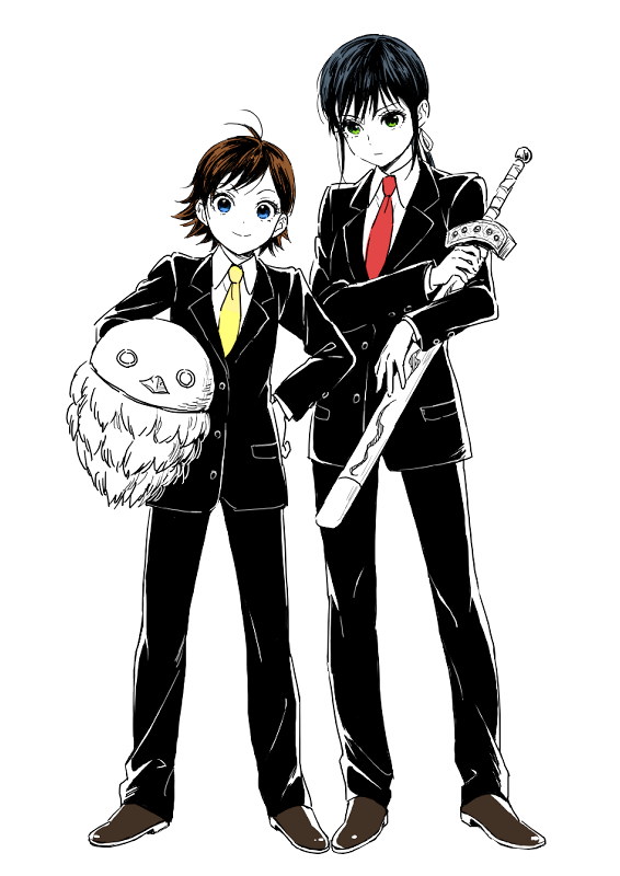 2girls, black_hair, blue_eyes, brown_hair, contemporary, formal_clothes, green_eyes, karyou_ten