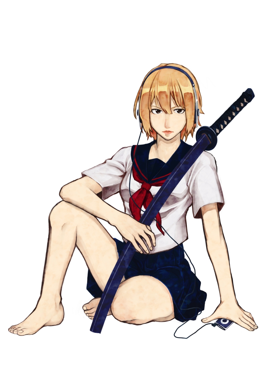 1girl, absurdres, barefoot, blonde_hair, brown_eyes, mp3_player, female_focus, headphones