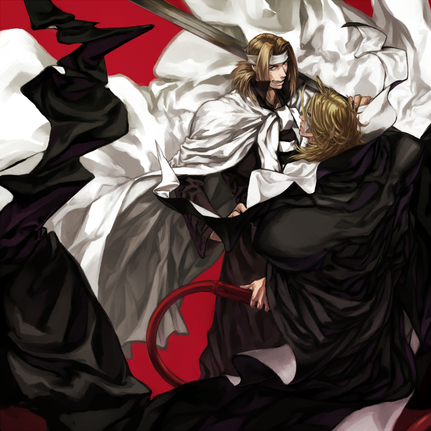 1990s_(style), 2boys, blonde_hair, brown_hair, bunchuu, cape, chawan_fukasu, headband