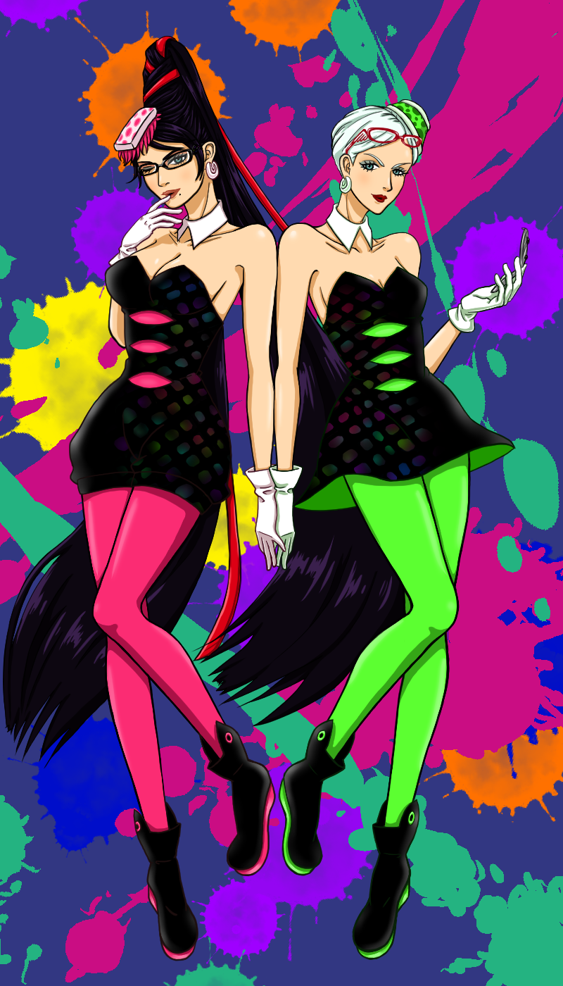 2girls, ankle_boots, bare_shoulders, bayonetta, bayonetta_(series), beehive_hairdo, black_dress, black_hair