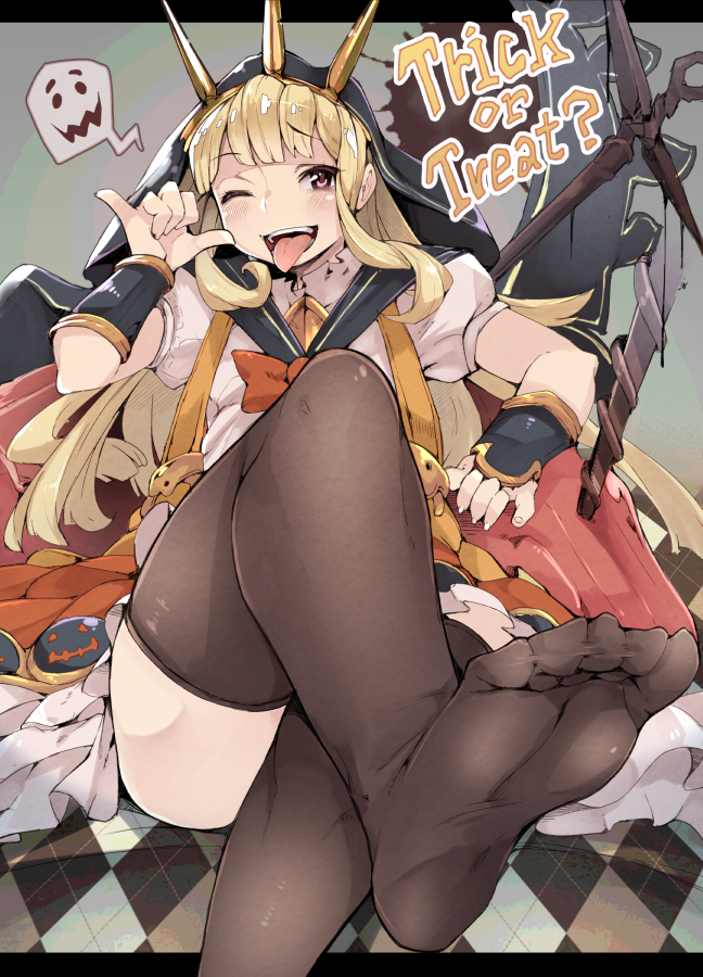 10s, 1girl, ;p, bad_id, bad_pixiv_id, black_thighhighs, blonde_hair, blush, cagliostro_(granblue_fantasy), cagliostro_(halloween)_(granblue_fantasy), crossed_legs, crown, feet, female_focus, foot_focus, granblue_fantasy, kamaboko_(ossann0125), long_hair, no_shoes, one_eye_closed, open_mouth, pink_eyes, school_uniform, sitting, soles, solo, thighhighs, toes, tongue, tongue_out, trick_or_treat