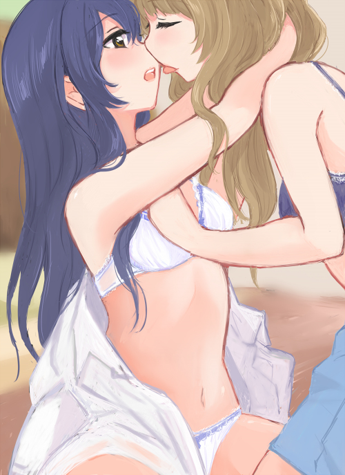 10s, 2girls, arm_hug, barefoot, bed, bed_sheet, blue_hair, blush
