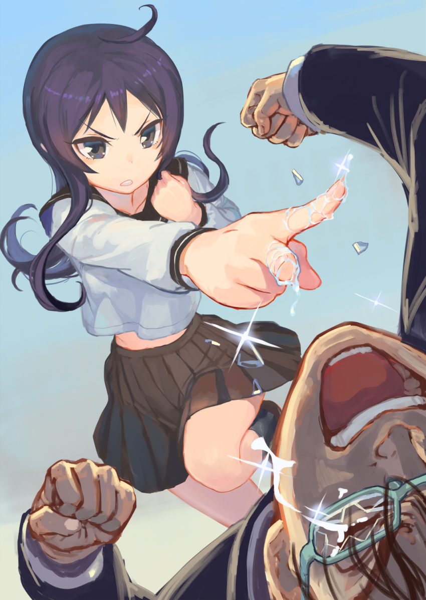 1boy, 1girl, :d, ahoge, aqua-framed_glasses, bad_id, bad_pixiv_id, black_eyes