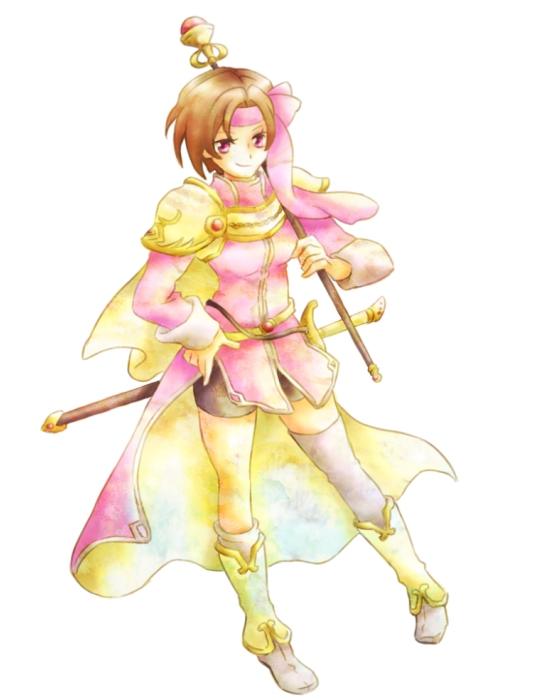 1girl, bad_id, bad_pixiv_id, brown_hair, female_focus, fire_emblem, fire_emblem:_genealogy_of_the_holy_war, full_body, janne_(fire_emblem), nintendo, pink_hair, shirou_(artist), simple_background, solo, staff, sword, weapon, white_background