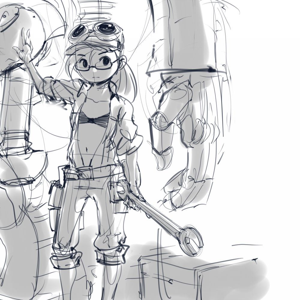 1girl, baggy_shorts, belt, bra, engineer, expressionless, female_focus, glasses, goggles, greyscale, hat, mecha, monochrome, navel, nyanko_daisensou, open_clothes, ponytail, puffy_shorts, robot, saionji_mekako, shorts, sketch, solo, stup-jam, underwear, wrench
