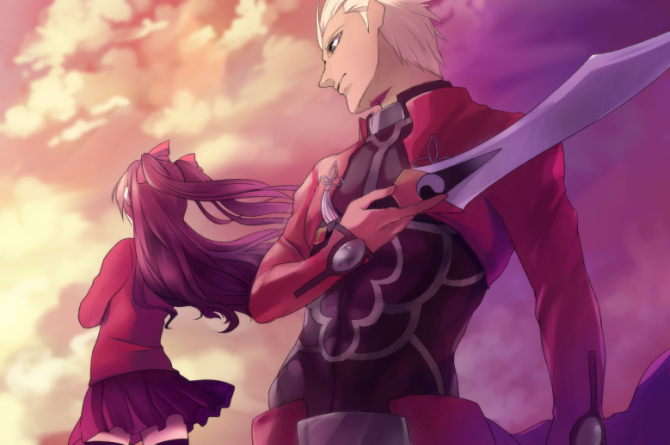 1boy, 1girl, archer_(fate), cloud, denka_(cloudy-gray), fate/stay_night, fate_(series), kanshou_&amp;_bakuya_(fate)