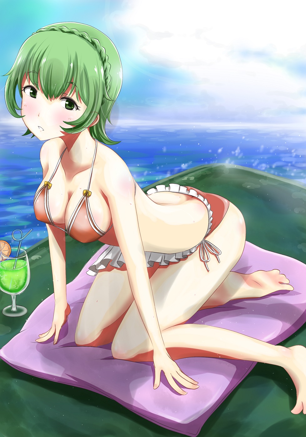 10s, 1girl, all_fours, aoki_hagane_no_arpeggio, ass, bikini, cushion, drink, female_focus, green_eyes, green_hair, highres, ju_(old505), nachi_(aoki_hagane_no_arpeggio), short_hair, solo, swimsuit