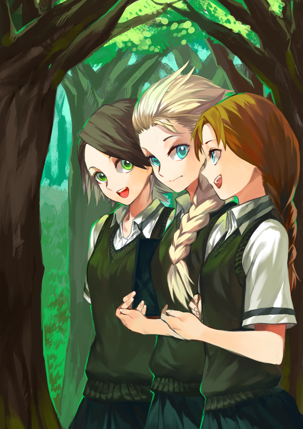 3girls, :d, alternate_costume, anna_(frozen), blonde_hair, blouse, blue_eyes, braid, brown_hair, contemporary, crossover, disney, elsa_(frozen), frozen_(disney), girl_sandwich, green_eyes, kuuki_(pixiv2244659), long_hair, looking_at_another, looking_at_viewer, multiple_girls, open_mouth, outdoors, rapunzel_(disney), sandwiched, school_uniform, shirt, short_hair, siblings, single_braid, sisters, skirt, smile, spoilers, sweater_vest, swept_bangs, talking, tangled, tree, white_shirt