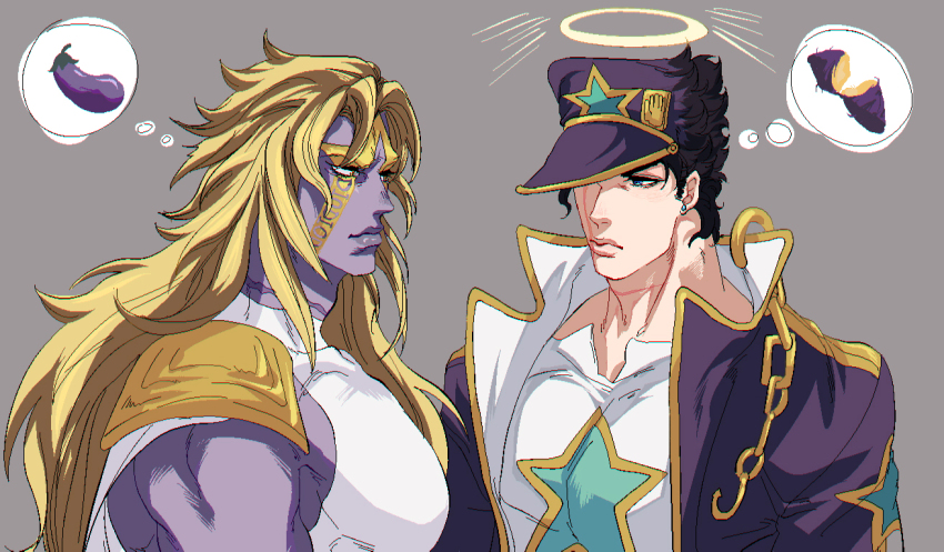 2boys, black_hair, blonde_hair, colored_skin, dio_brando, eggplant, facial_mark, food