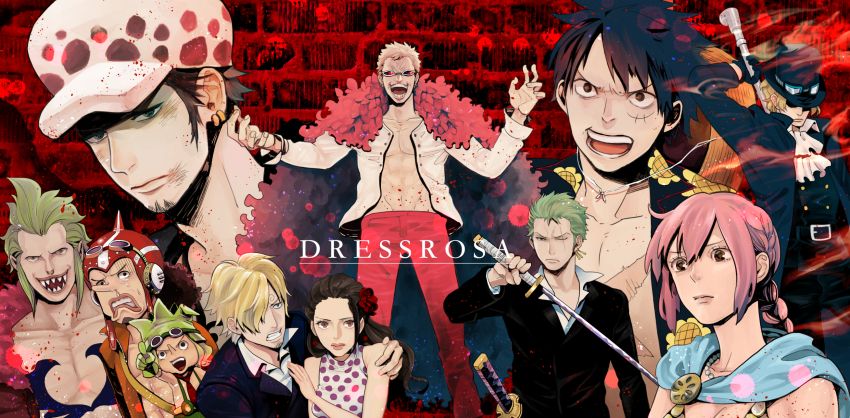 2girls, 6+boys, abs, bartolomeo, black_eyes, black_gloves, black_hair, black_suit