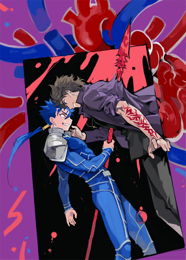 2boys, blood, blue_hair, brown_hair, cu_chulainn_(fate), cu_chulainn_(fate/stay_night), cu_chulainn_(lancer)_(fate), fate/stay_night
